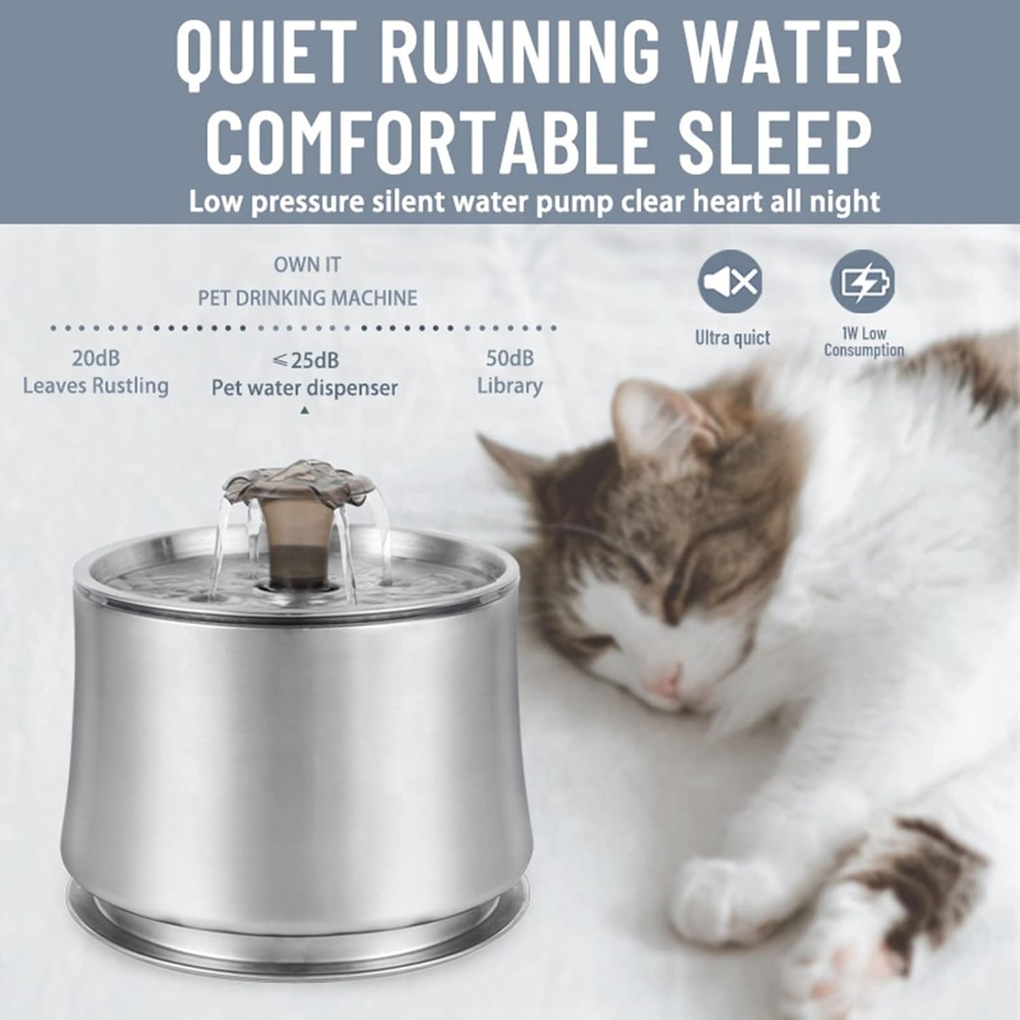 Cat Water Fountain Stainless Steel 84oz/2.5L Large Capacity Quiet Cat Water Dispenser, Automatic Pet Drinking Fountain for Cats Dogs Small Animals,Stainless Steel