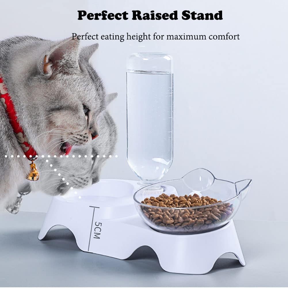 Double Dog Cat Bowls Anti Vomiting, Elevated Cat Food Water Bowls with 15° Tilted Raised Stand and Automatic Water Dispenser Bottle Pet Feeder Bowl for Cats and Small Dogs