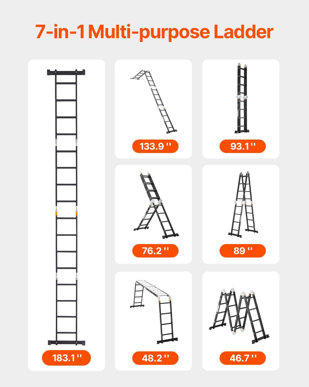 VEVOR Multi-Purpose Folding Ladder, 7-in-1 Tall Extension Step Ladder, A Frame 4 Step with Scaffolding Plank Telescoping Ladder, 15.5ft Reach Height Heavy Duty, 330 lbs Capacity for Home Outdoor