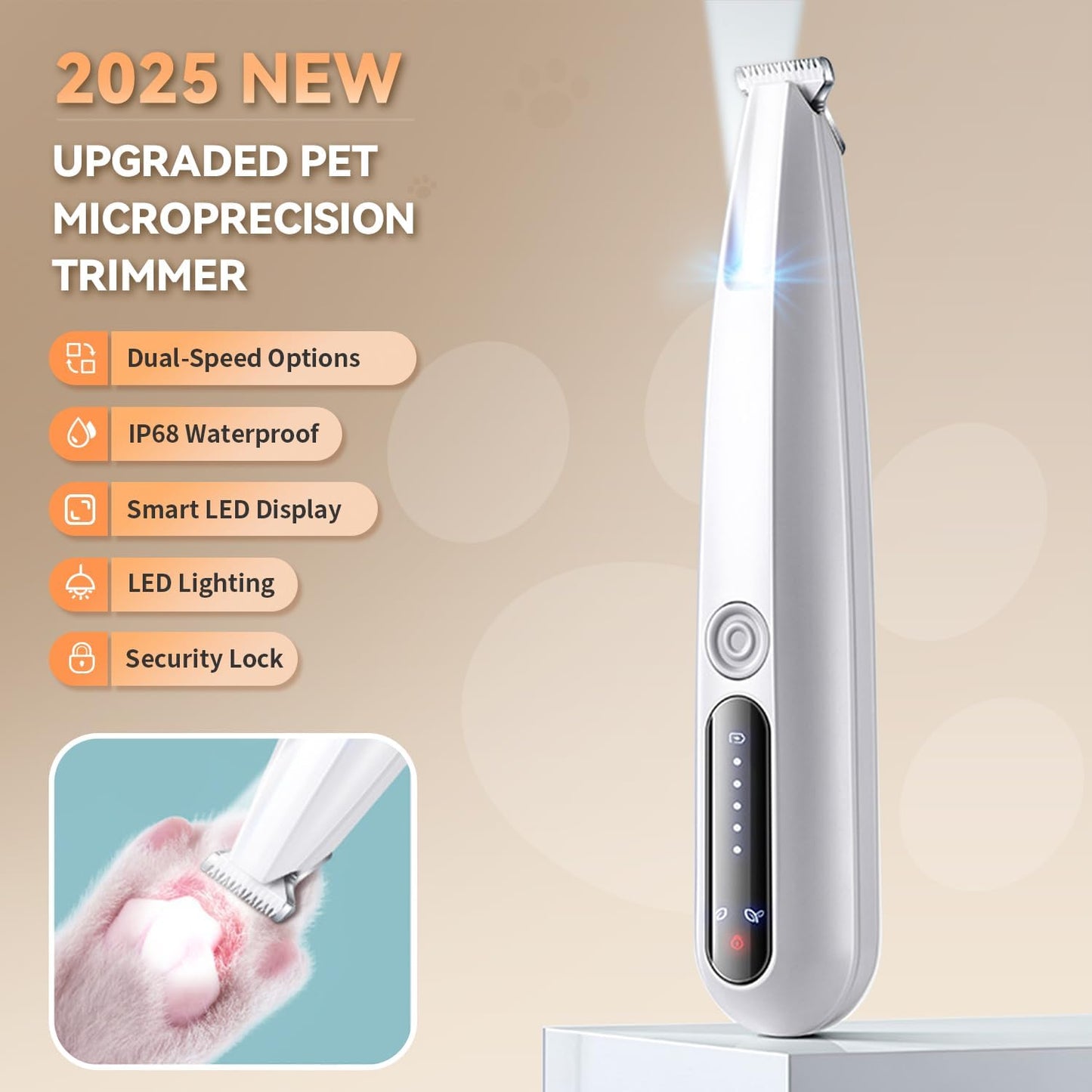 2026 New Pet Precision Trimmer, Dog Paw Trimmer with LED Light, Low Noise, IP68 Waterproof, Dual-Speed Motor, Suit for Trimming Paw, Ear, Face, Butt, Eyebrows, USB Rechageble