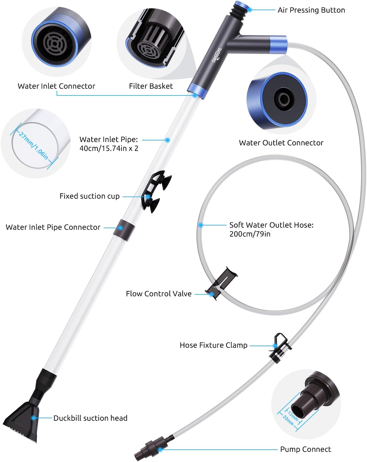 SEAOURA Aquarium Siphon Pump Gravel Cleaner, Fish Tank Vacuum Gravels Cleaning Kit, Manual Water Changer with Air Push Button, Aquariums Sand Clean Set, Hose for Suck Manure Wash Sand