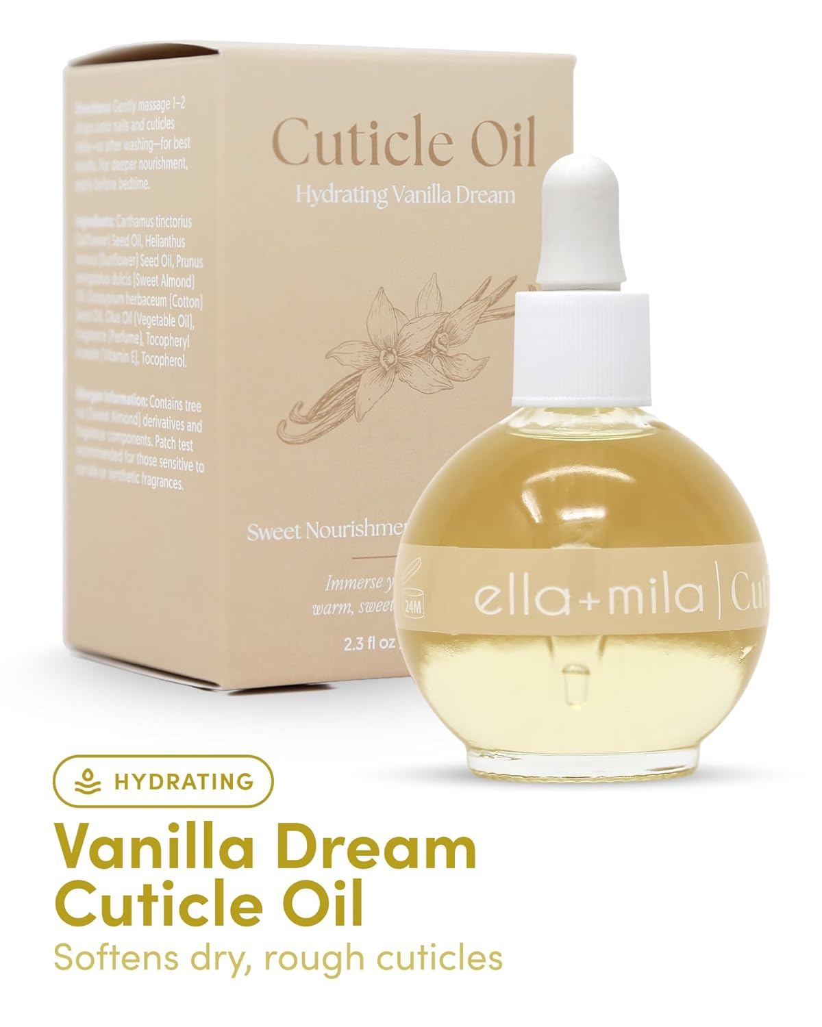 ella+mila Nourishing Cuticle Oil for Nails - Vanilla Dream - Nail Care Treatment for Softening Dry Cuticles - Vegan - 2.3 fl oz