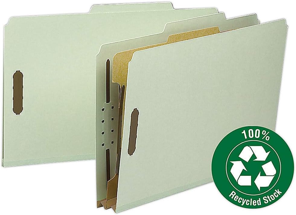 Smead 100% Recycled Pressboard Classification File Folder, 1 Divider, 2" Expansion, Legal Size, Gray/Green, 10 per Box (18722)