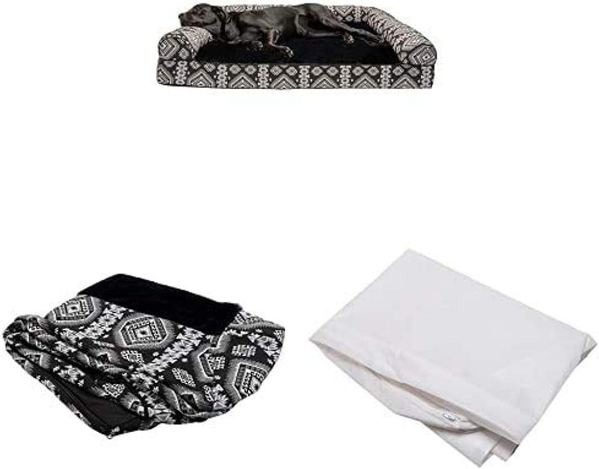 Furhaven Pet Bundle - Jumbo Plus Black Medallion Orthopedic Plush Kilim Southwest Home Decor Sofa, Extra Dog Bed Cover, & Water-Resistant Mattress Liner for Dogs & Cats