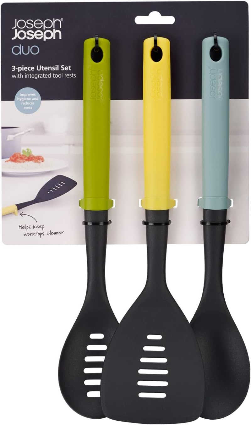 Joseph Joseph Duo 3-Piece Utensil Set with Integrated Tool Rests: Scratch-Free Use on Non-Stick Cookware, Includes Solid & Slotted Spoons and Turner, Heat-Resistant