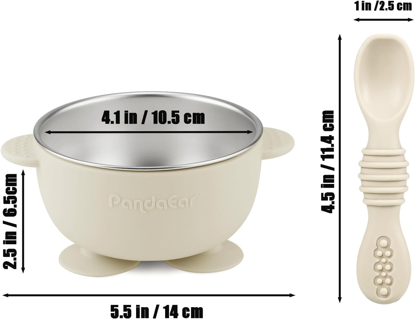 PandaEar 3 Pack Stainless Steel Suction Baby Bowls & 3 Baby Feeding Spoons | Non-Slip Stay Put Bowls & Soft Silicone First Stage Spoons for Toddlers, BPA-Free Baby Led Weaning Set (Linen Brown Grey)