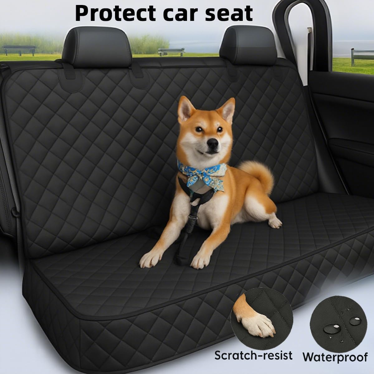 Waterproof Dog Car Seat Cover with Belt for Back Seat - Washable Pet Protector Accessories for Cars, Trucks, SUVs, and Bench Seats - Auto Backseat Hammock for Small & Large Dogs