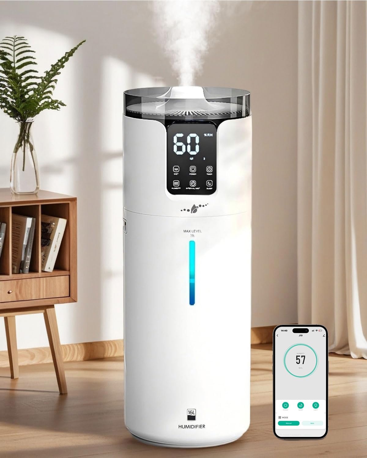 16L Smart Humidifier large room, Whole house Humidifier for Home 1500 sq.ft with APP/Voice/Remote Control, Ultrasonic Cool Mist Humidifiers for Bedroom, Plants, office with Tube, White