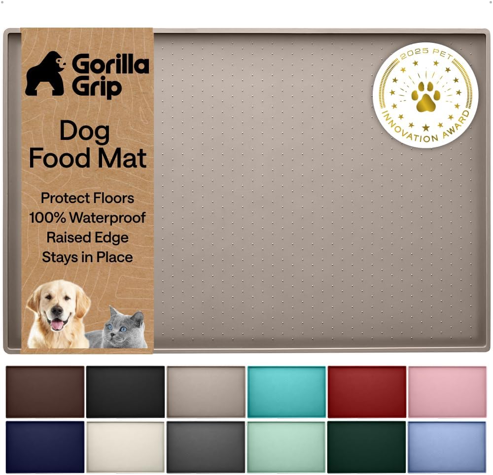 GORILLA GRIP 100% Waterproof Raised Edge BPA Free Silicone Pet Feeding Mat, Dog Cat Food Mats Contain Spills Protects Floors, Placemats for Cats and Dogs Water Bowl, Pets Accessories 16x10, Beige