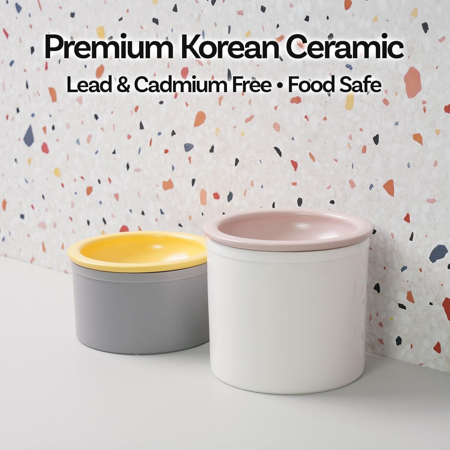 Hello Bowl Elevated Ceramic Cat Bowl with Stand, Raised Whisker-Friendly Feeding Bowl for Cats & Small Dogs, Patented Design, Made in Korea (5.9" H - Pink, Round/Wet)