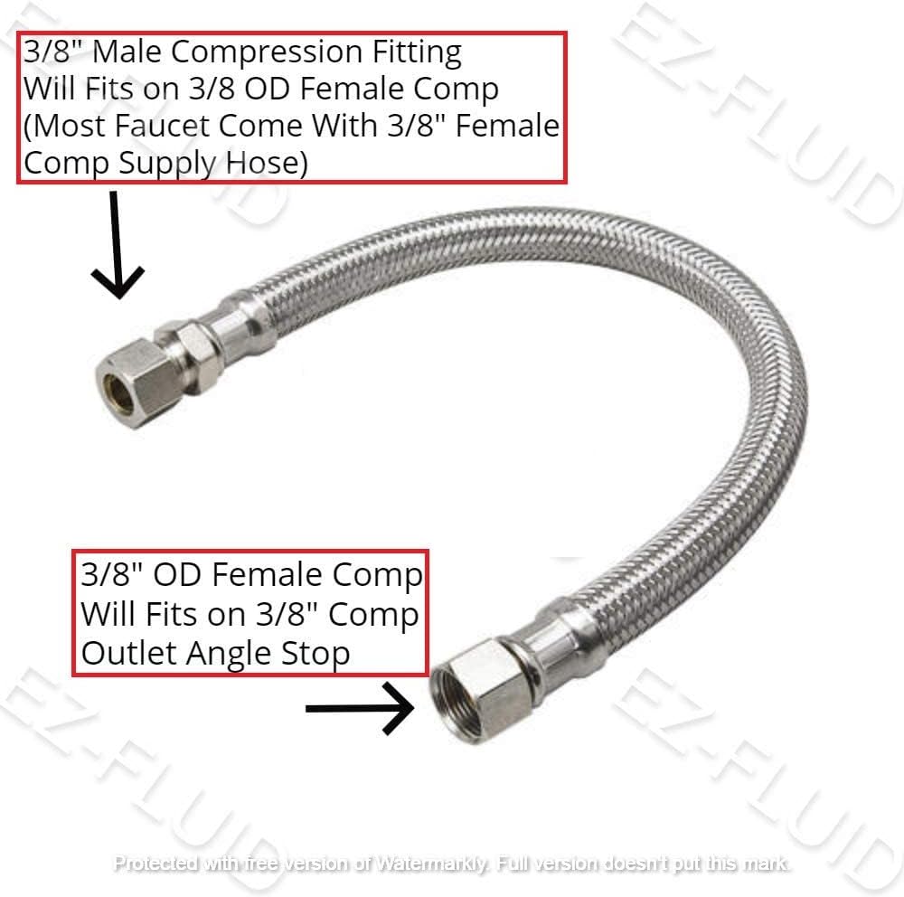 EZ-Fluid 12-Inch Faucet Supply Extension Line 3/8" Male Comp. To 3/8" Female Compression Stainless Steel Braided Faucet Extension Supply Hose Connector Lines,Fits Delta Faucet Plumbing Fitting(1-Pack)