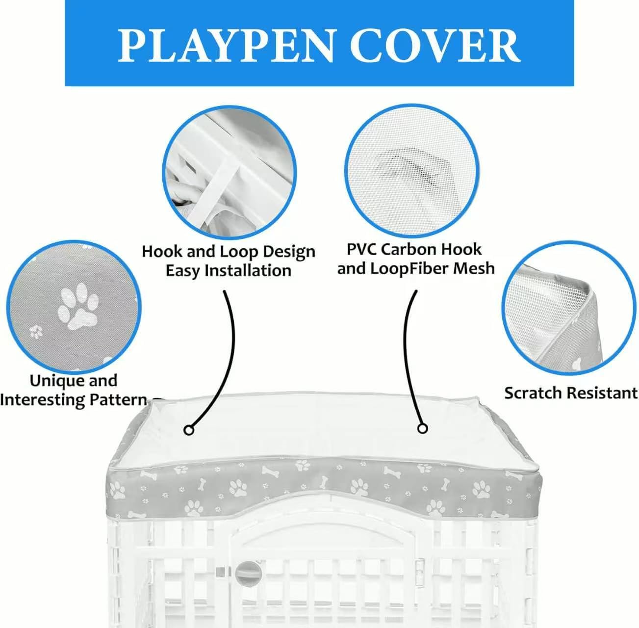 Dog Playpen Bottom Pad and Mesh Top Cover fit 36" x 36“ Puppy Playpen(Fence NOT Included),Reusable for Pet Training,Dog Crate,Waterproof Pet Pee Pads,Whelping,Puppies/Small Dogs,Hoop&Loop Design,Gray