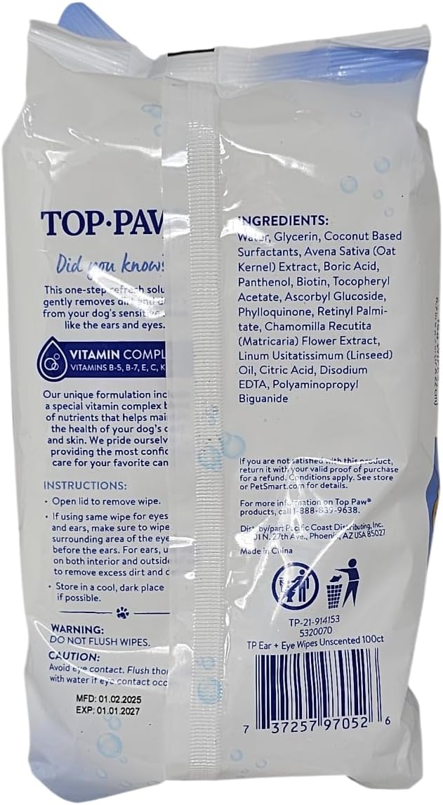TOP PAW Ear and Eye Wipes Unscented, 100 Count, for Dogs