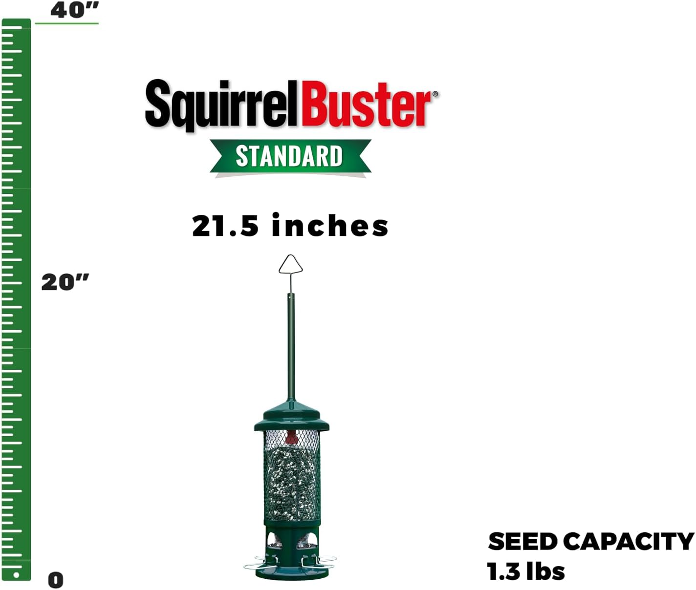 Squirrel Buster Standard Squirrel-proof Bird Feeder w/4 Metal Perches, 1.3-pound Seed Capacity, garden green