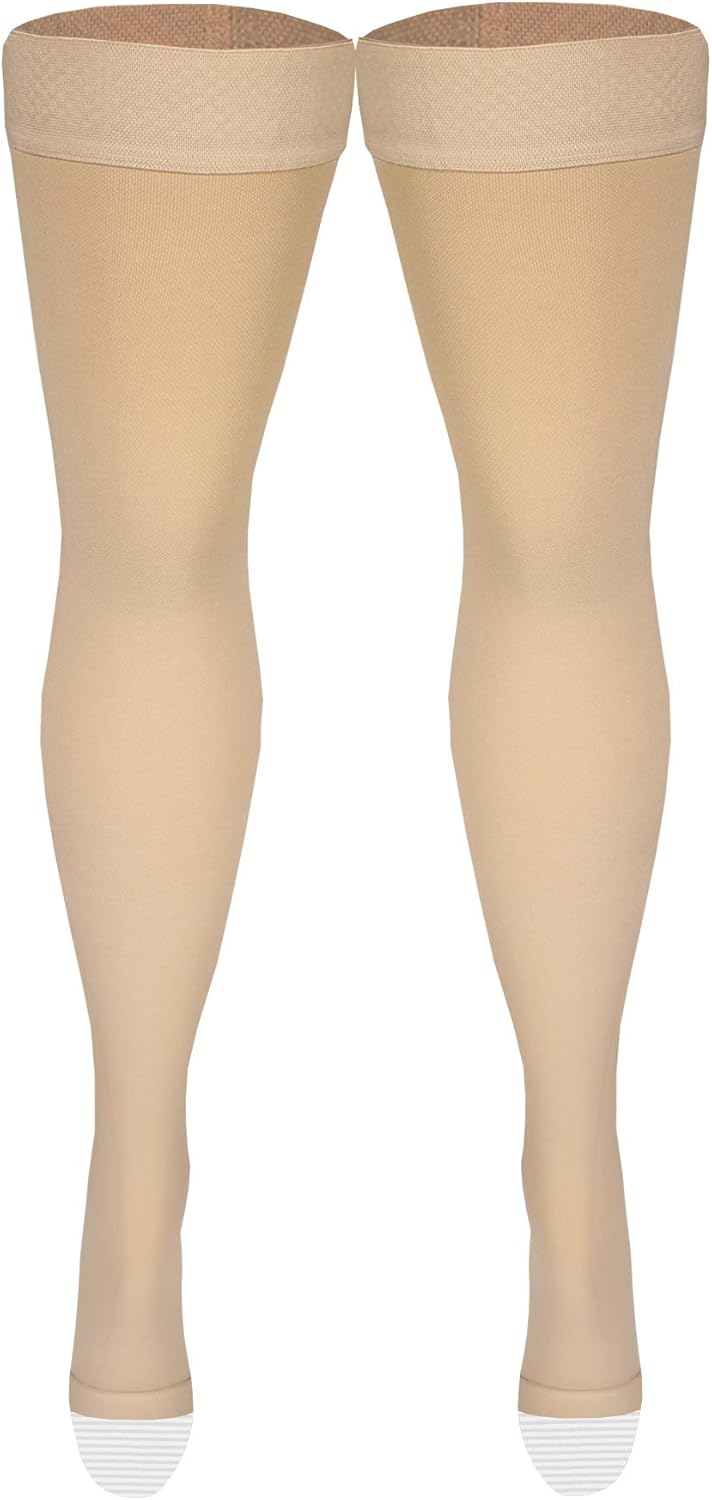 Amazon Basic Care Medical Compression Stockings, 20-30 mmHg Support, Women & Men Thigh Length Hose, Open Toe, Beige, Medium (Previously NuVein)