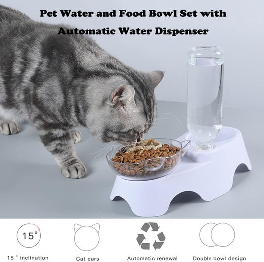 Double Dog Cat Bowls Anti Vomiting, Elevated Cat Food Water Bowls with 15° Tilted Raised Stand and Automatic Water Dispenser Bottle Pet Feeder Bowl for Cats and Small Dogs