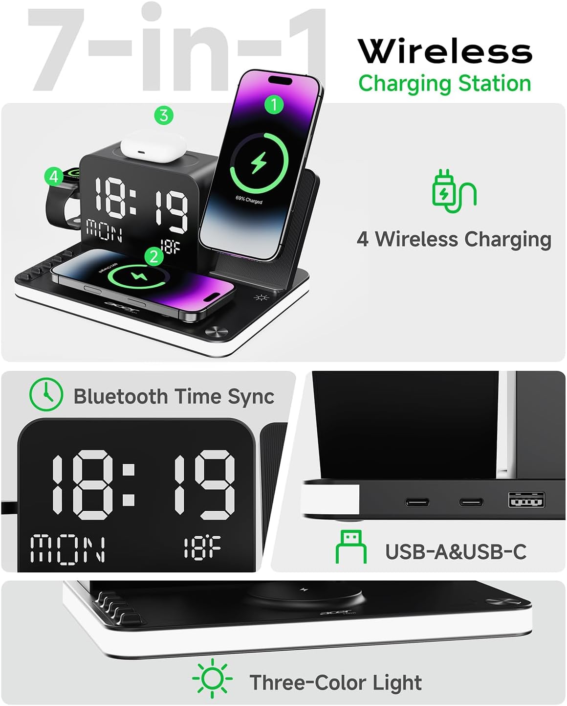 acer 7-in-1 Wireless Charging Station: Charger Stand for Multiple Devices for Apple - iPhone 16 15 14 13 12 Pro Max Apple Watch Airpods, Wireless Charger iPhone Charging Station with Bluetooth TimeSyn