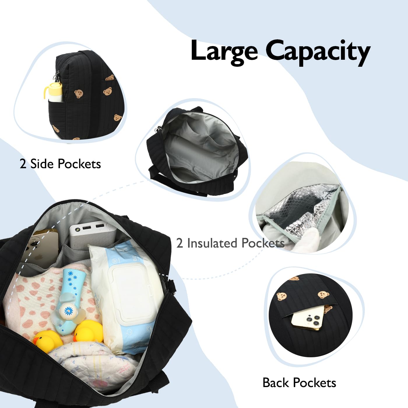 Convertible Diaper Bag Tote with Insulated Pockets and Stroller Hooks for Travel newborn