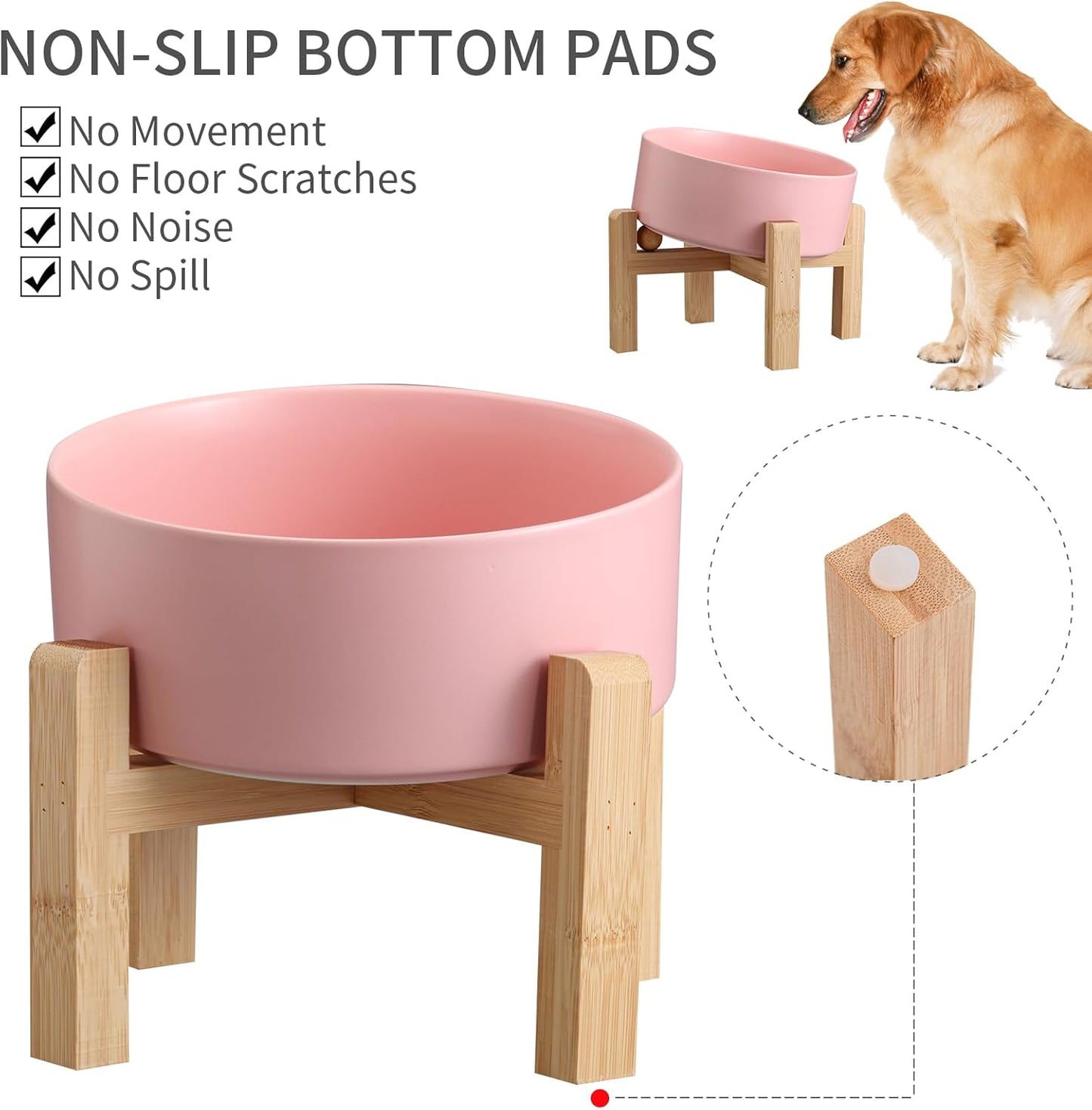 Pink Elevated/Raised 15°Tilted Anti Slip Ceramic Dog Bowl for Medium & Large Breeds,Slanted Bulldog Big Face Pet Feeding Food Water Dish Stand for Dogs (7.6 Cups/60OZ)