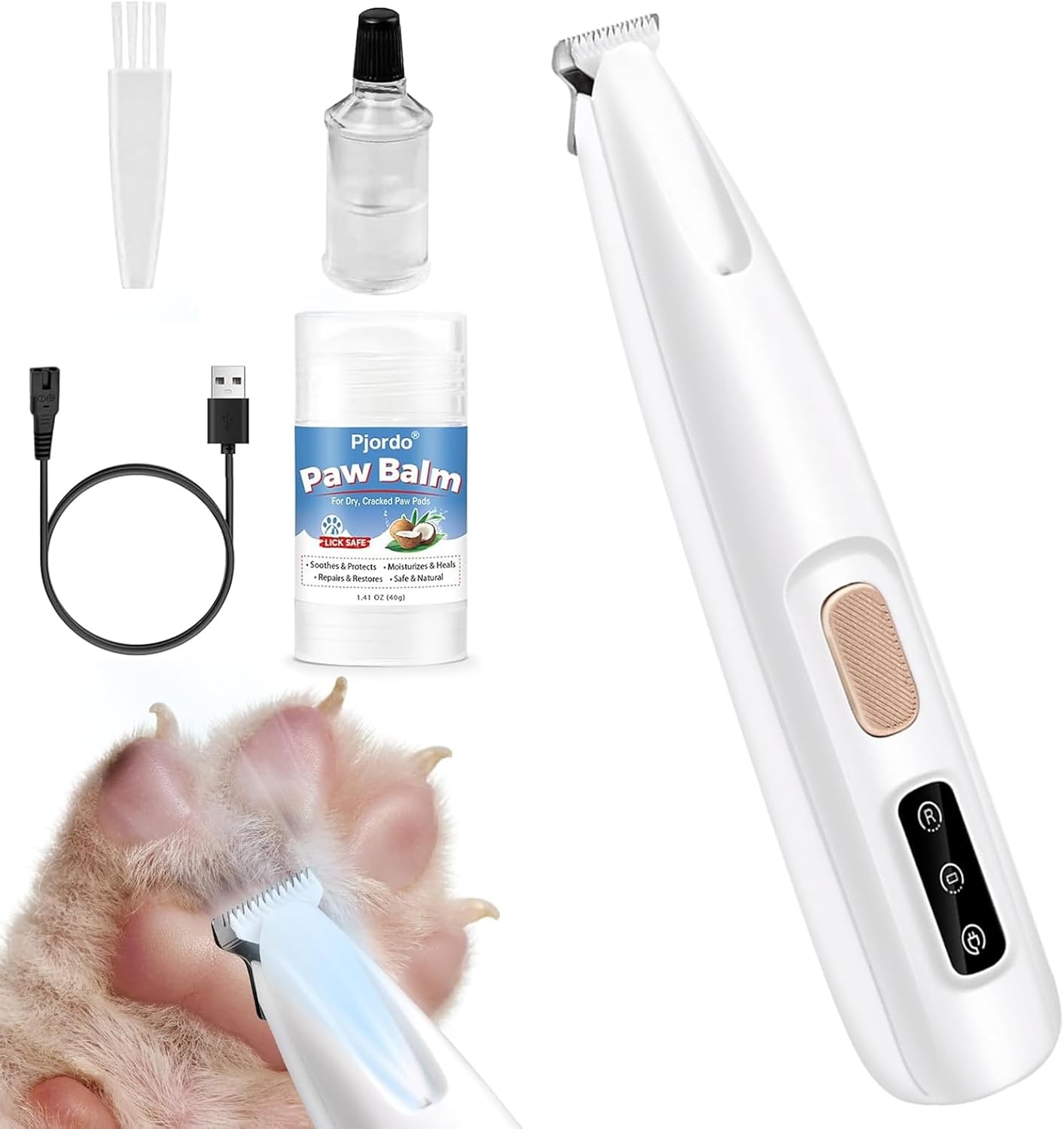 Dog & Cat Paw Trimmer with Pet Paw Balm, Low Noise Dog Face Trimmer with Led Light, 18mm-Blade Pet Hair Trimmer for Grooming Face, Rump, Eyes & Ears, Easy to Clean & Use