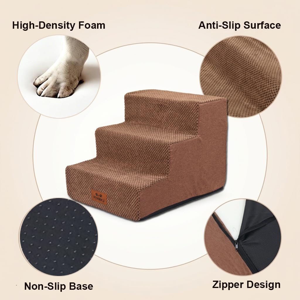 2 Pcs Dog Stairs 3-Step Dog Stairs for Bed Couch Sofa 13.5" H Pet Steps for Puppy Small Dogs Cat Puppy Small Medium Dogs (Brown, 3-Stairs 13.5" H)