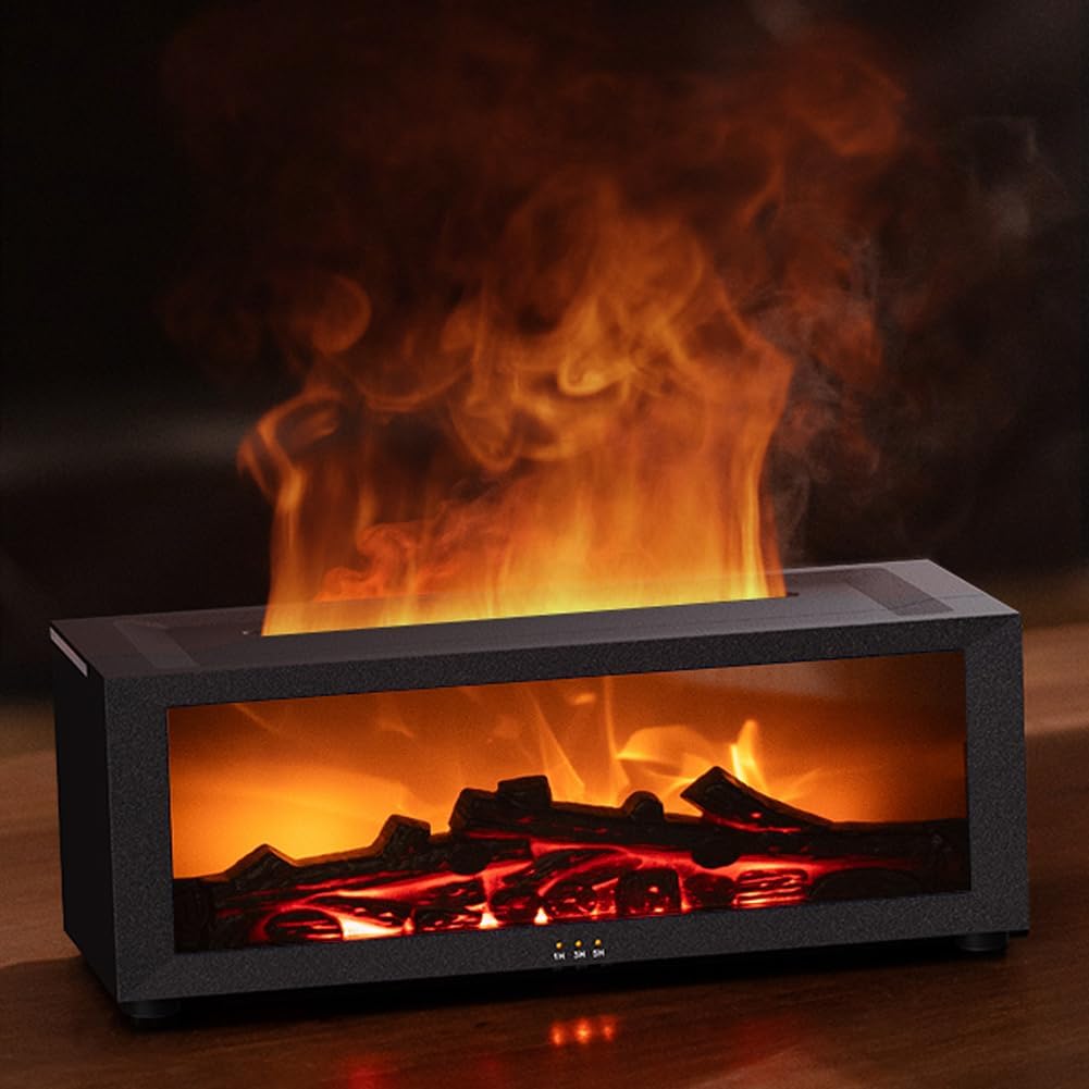 Essential Oil Diffuser, Fireplace Flame Oil Diffuser - Aromatherapy Aroma Humidifier, Upgrade 7 Colors Noiseless Remote Control - Perfect for Bedroom Home Office (150ml Fireplace Flame, Black)