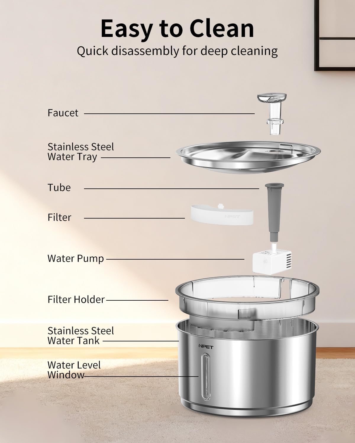 NPET Stainless Steel Cat Water Fountain, 1 Gallon/135oz Automatic Pet Drinking Fountain Dog Water Dispenser Bowl with Water Level Window for Cats Indoor - WF210Plus