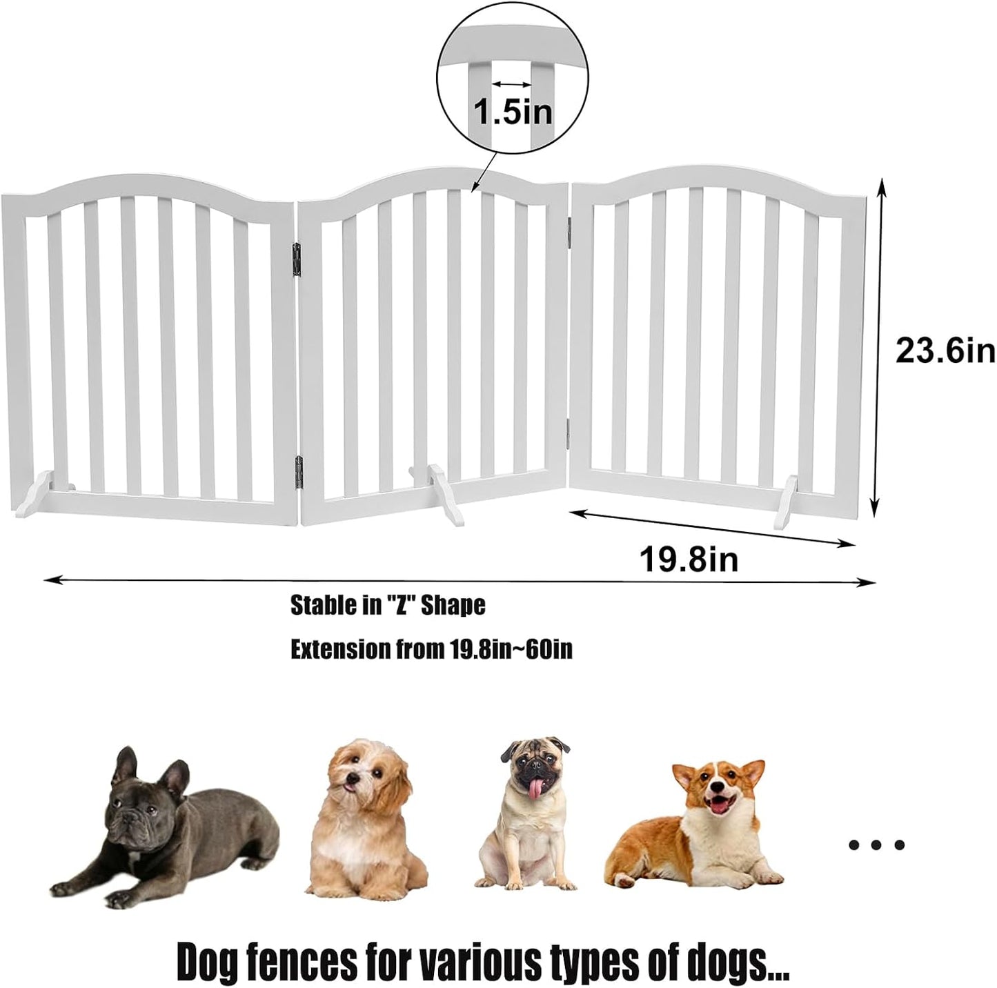 Foldable Wooden Dog Gate - 3-Panel Freestanding Pet Fence, 23.6 Inches, White - Suitable for Doorways & Stairs, Also Works as Baby Gate.