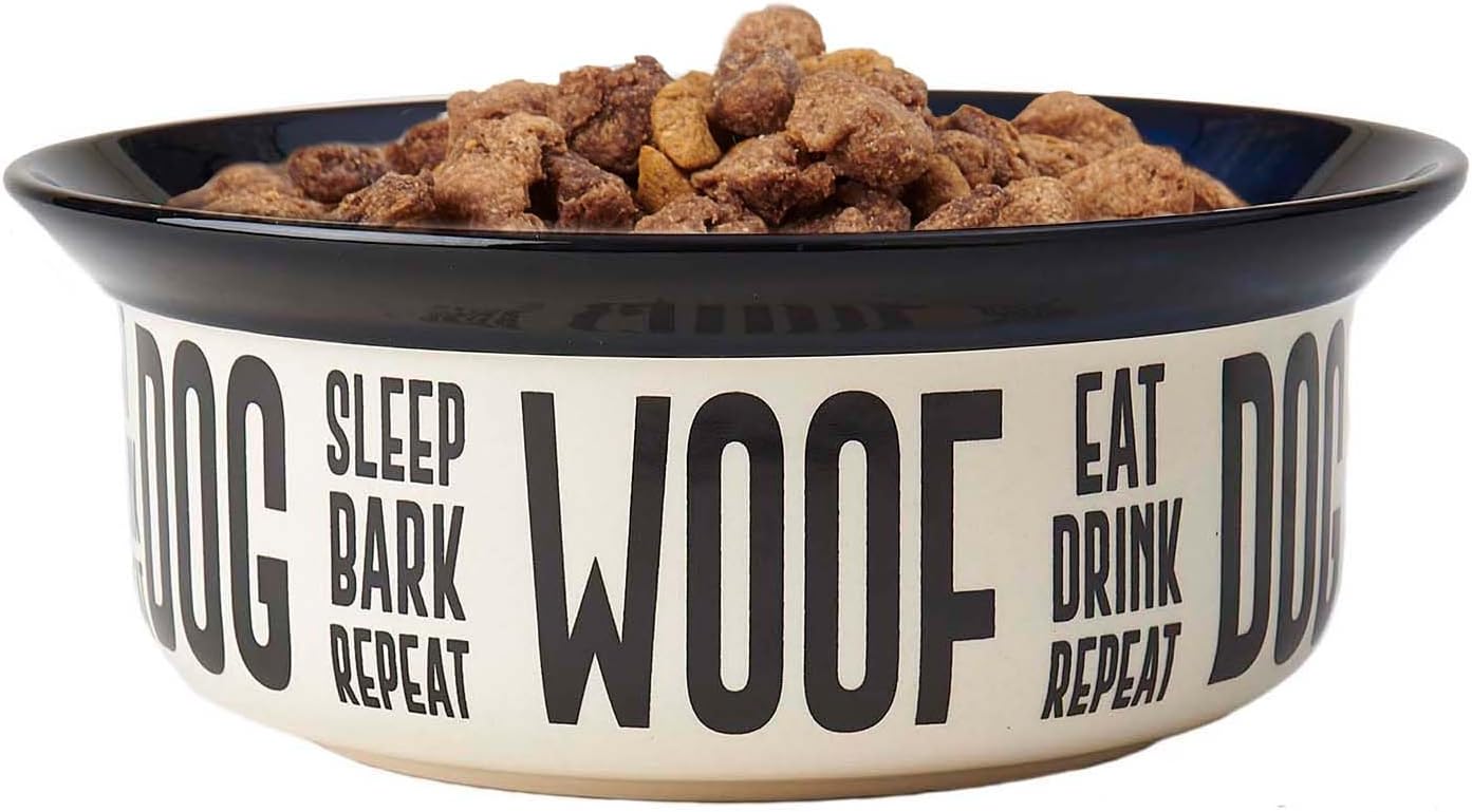 PetRageous 17001 Eat Drink Repeat Two-Tone Stoneware Dishwasher Safe Dog Bowl 4-Cup 8.18-Inch Diameter 3-Inch Tall for Medium and Large Dogs and Cats, Off-White, (Pack of 1)