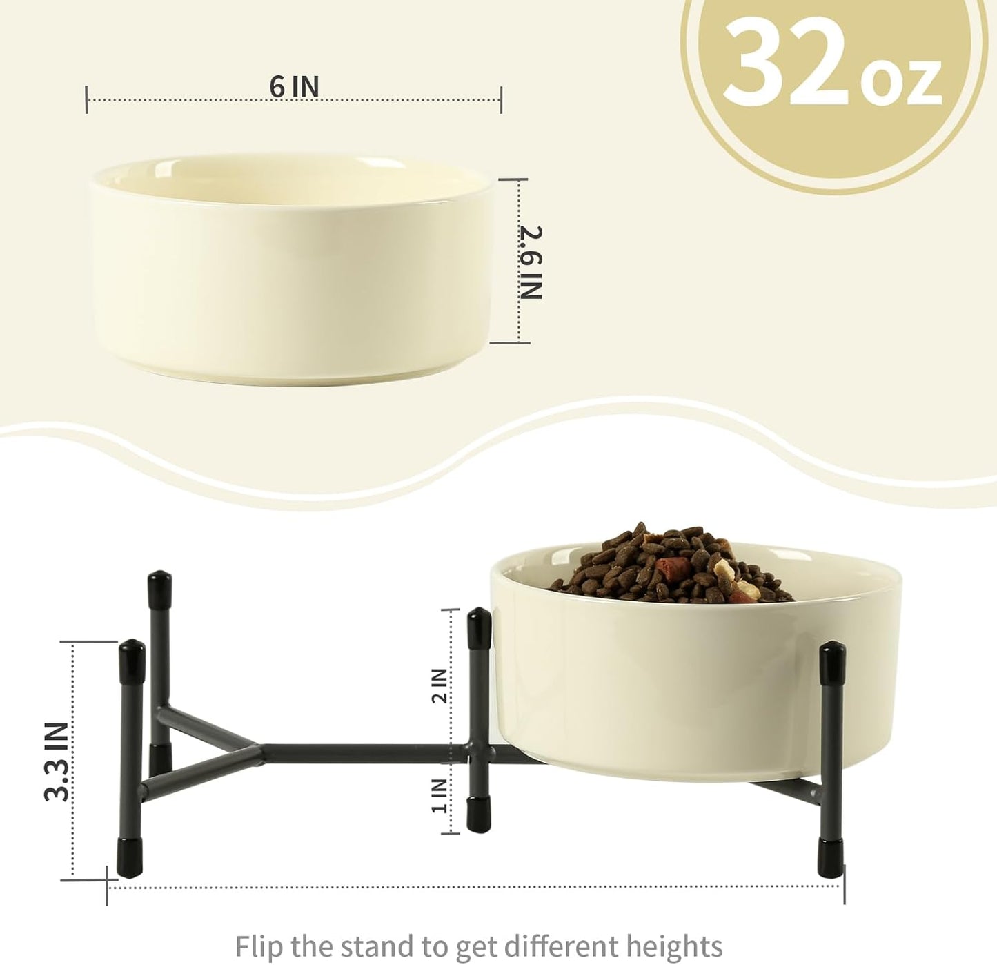 AOMRYOM 32 OZ Ceramic Dog Cat Bowl with Elevated Metal Stand, 6 Inch Ceramic Pet Dish for Food and Water, Pet Feeder Bowls for Cats & Dogs - Set of 2, Beige