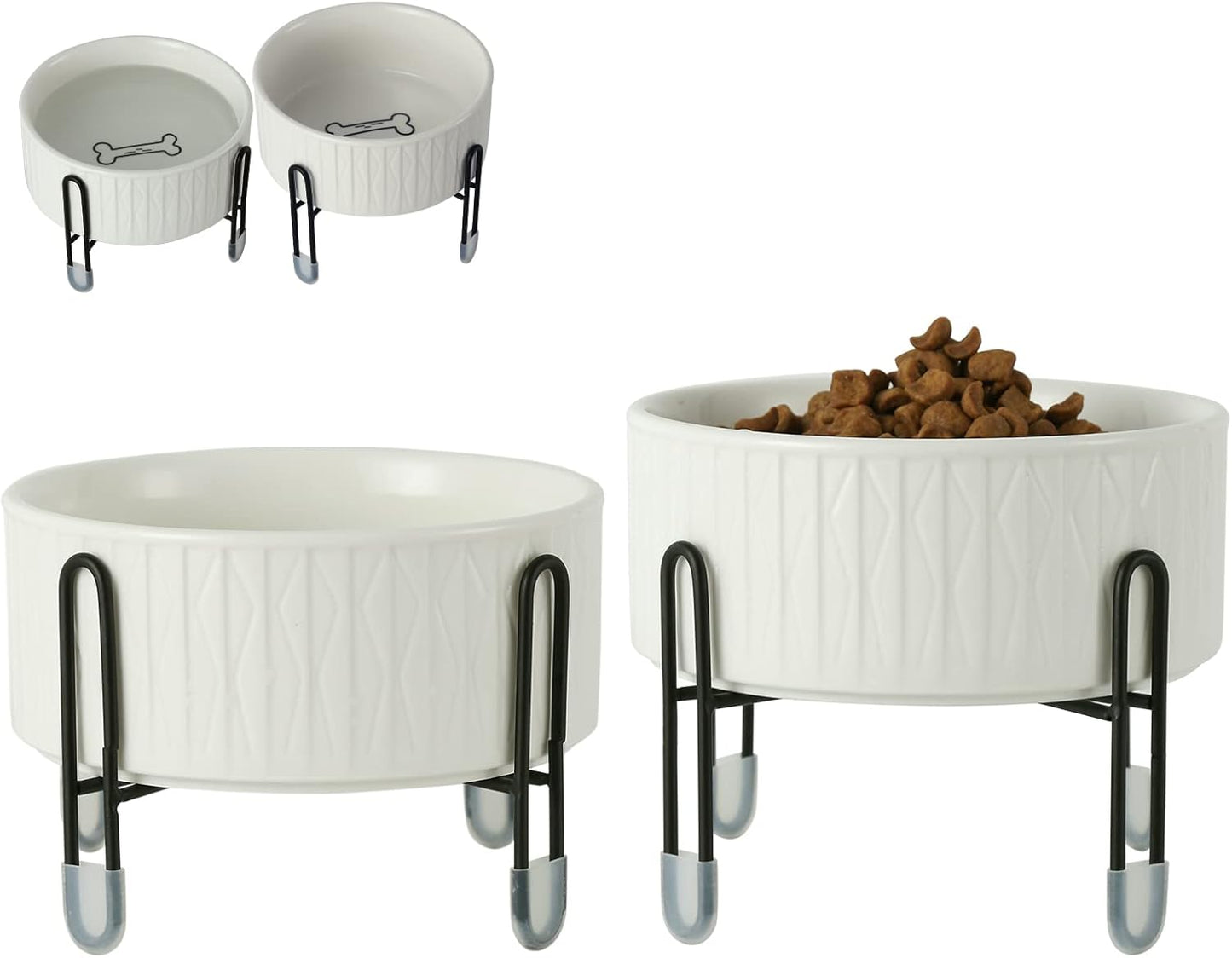 OMAYKEY 32 oz Ceramic Dog Cat Bowls with Elevated Metal Stand, 6.5 Inch Ceramic Round Pet Food and Water Feeder Bowl Dish for Cats & Dogs, White, Set of 2