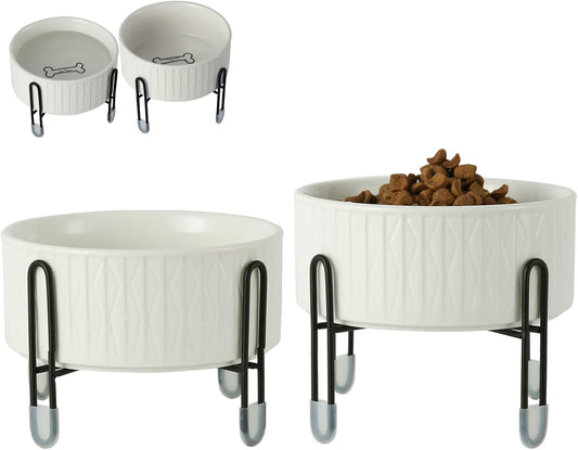 OMAYKEY 32 oz Ceramic Dog Cat Bowls with Elevated Metal Stand, 6.5 Inch Ceramic Round Pet Food and Water Feeder Bowl Dish for Cats & Dogs, White, Set of 2
