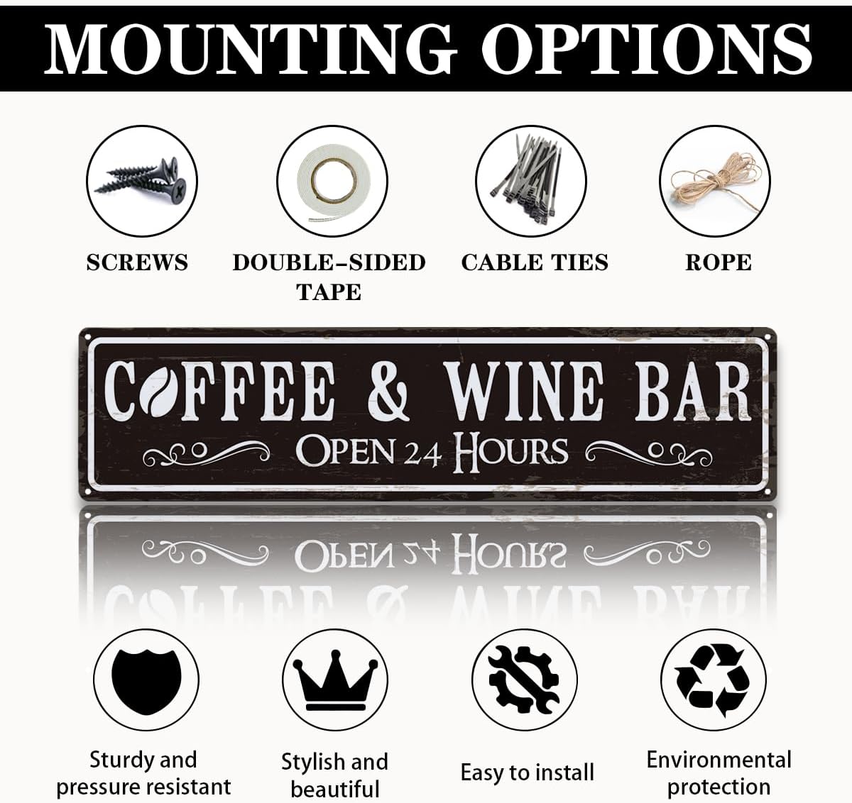 Coffee and Wine Bar Decor, Coffee & Wine Bar Open 24 Hours Sign, Retro Metal Tin Sign, Rustic Farmhouse Wall Decoration, Vintage Home Decor for Kitchen, Coffees Station Decors, 15.8x4 Inches