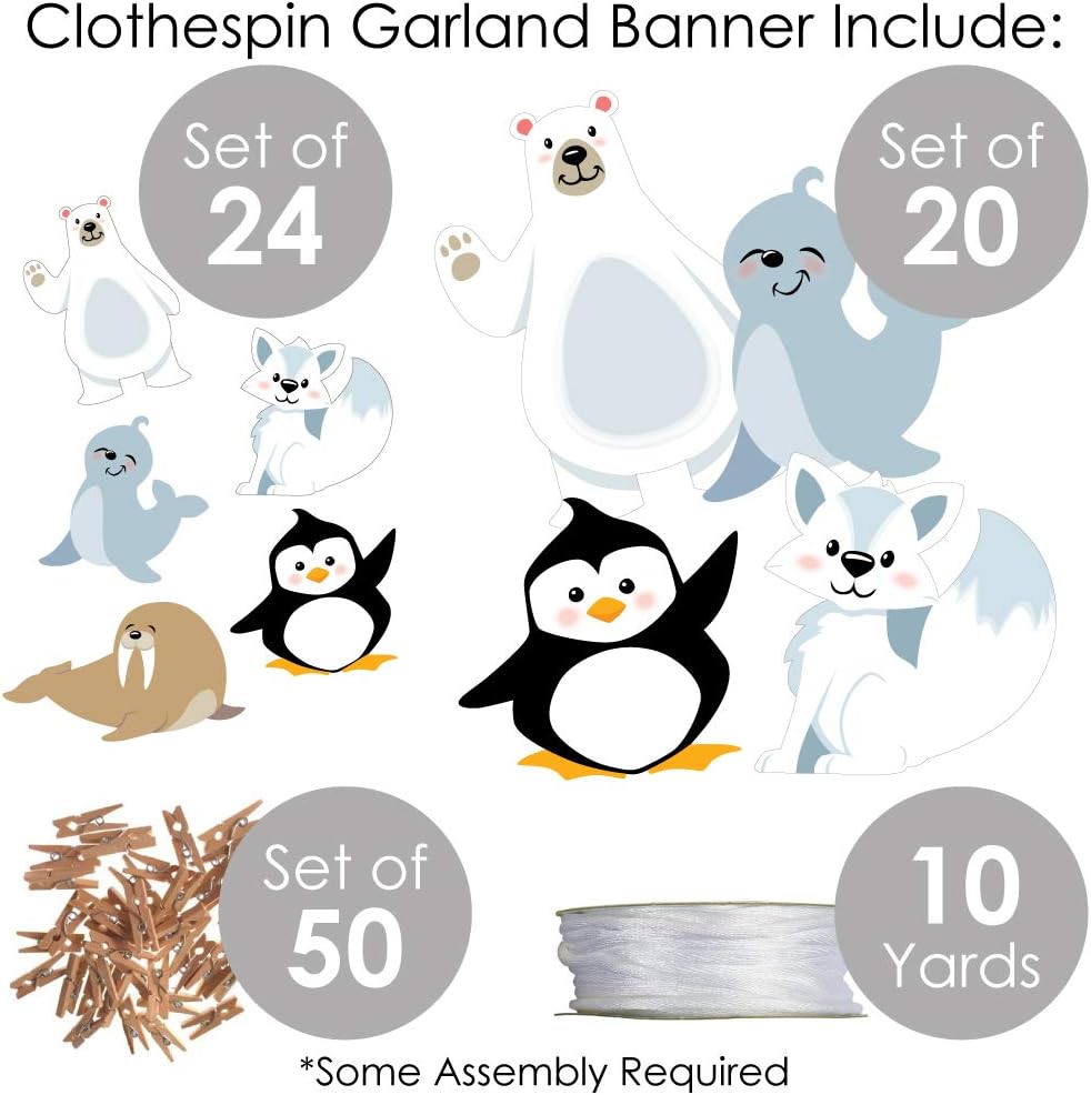 Big Dot of Happiness Arctic Polar Animals - Winter Baby Shower or Birthday Party DIY Decorations - Clothespin Garland Banner - 44 Pieces