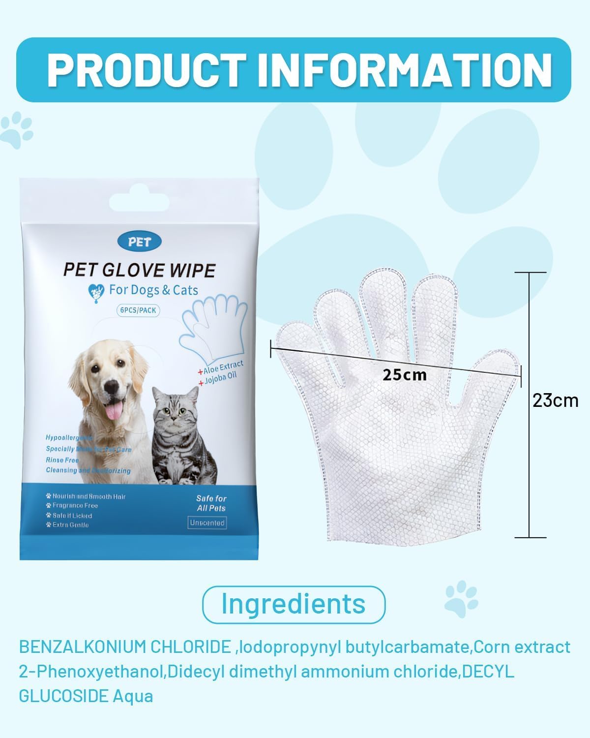 Dog Glove Wipes for Paws, Butt, Ears & Eyes - Pet Cleaning Wipes After Walk, Potty & Grooming | Extra Large Thick Rinse-Free for Dogs & Cats | Hypoallergenic Fragrance-Free for On-the-Go & Camping
