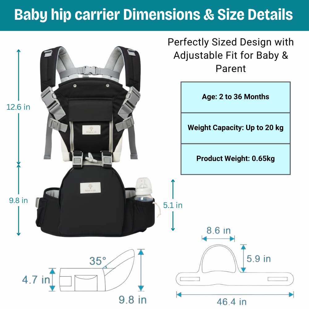 6 in 1 Hip Carrier for Baby - Easy to Wear Ergonomic Front Facing Baby Carrier with Hip Seat for 7–44 lbs - Baby Harness with Back Support, Breathable & Adjustable for Comfortable Travel - Black