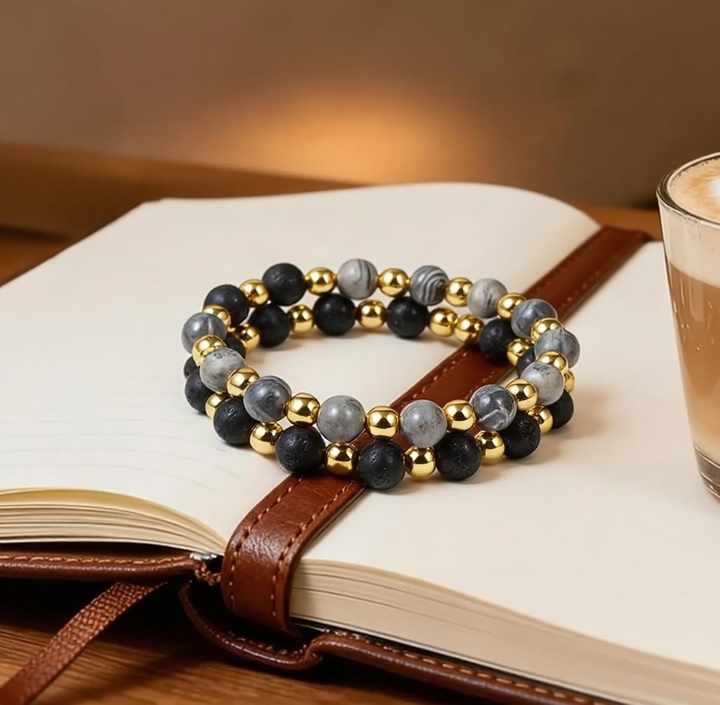 Caiyao 2Pcs Matte Lava Rock Volcanic Stone Beads Stretch Bracelet Stacking Essential Oil Diffuser Tiger Eye Seed Energy Yoga Bracelet for Men Women Couple Stress Relief Healing Aromatherapy Jewelry