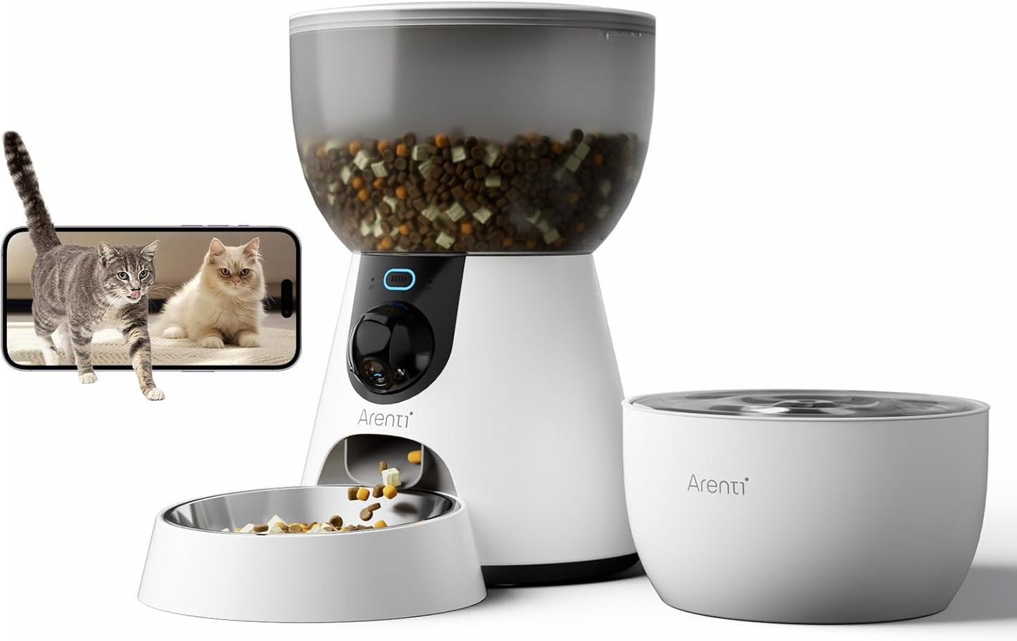 ARENTI Smart Automatic Cat Feeder and Water Fountain, 4L Pet Feeder Cat Food Dispenser with Camera, Dual Power, App Control, Live View & Night Vision, Meal Call, Hygienic Water Flow, Desiccant Bag
