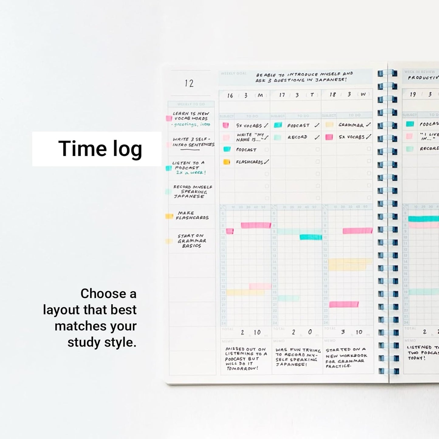 KOKUYO Study Planner Notebook, 10'' x 7'' Time Log B5 Soft Ring Notebooks, 41 To Do Plan Sheets, Green Spiral Notebook, Time Management. Japan Import (SU-SY111TL-G)
