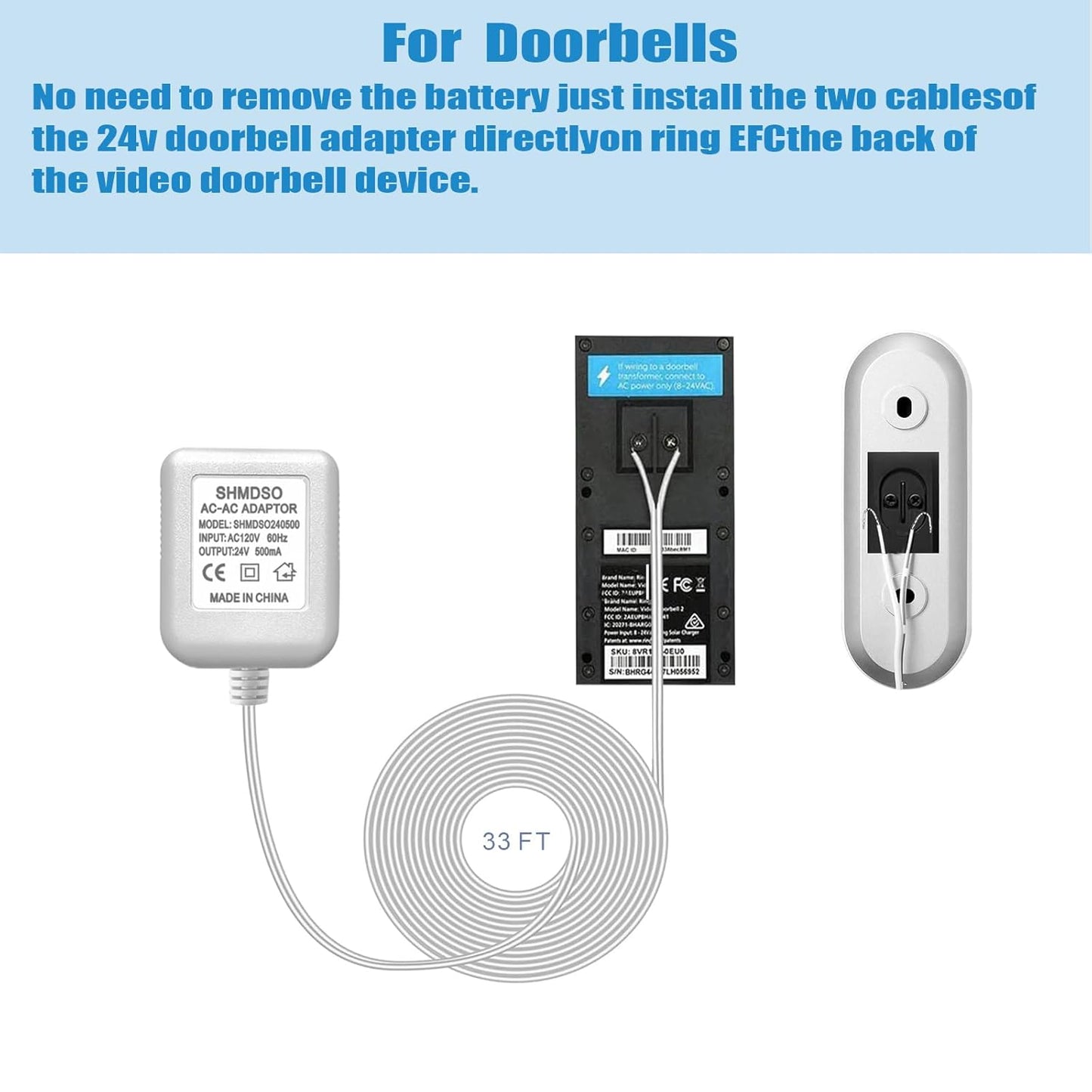24V Doorbell Transformer，33 Feet Length Output Line 24V500mA Video Doorbell Power Adapter, Compatible with Arlo, Nest, Wyze, Eufy, Ring Doorbell Power Supply （White 33 feet）