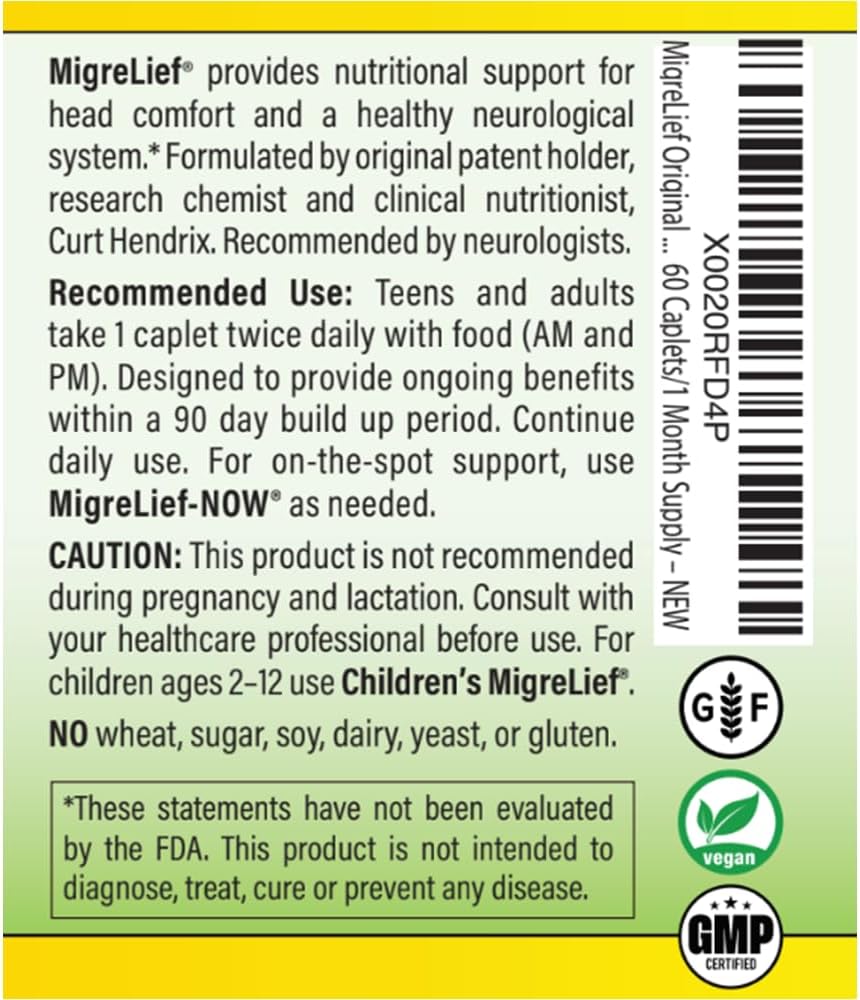 MigreLief Original Triple Therapy with Puracol - Nutritional Support for Migraine Sufferers - 60 Caplets/1 Month Supply