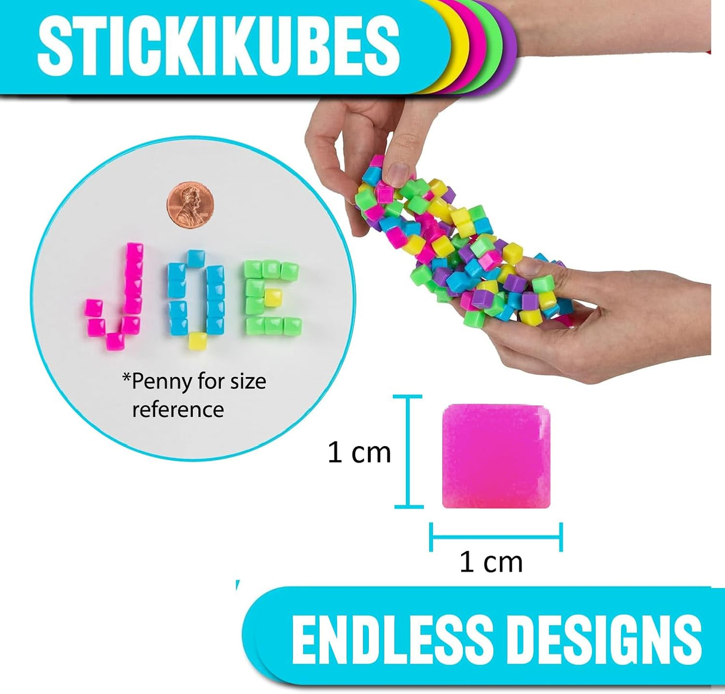 KOMARC GAMES StickiKubes, Mini Stacking Cubes that Stick to Anything, Non Toxic Kid Safe Sticky Blocks, Creative Construction Toy - 125 Cubes, 5 Neon Colors, Tub