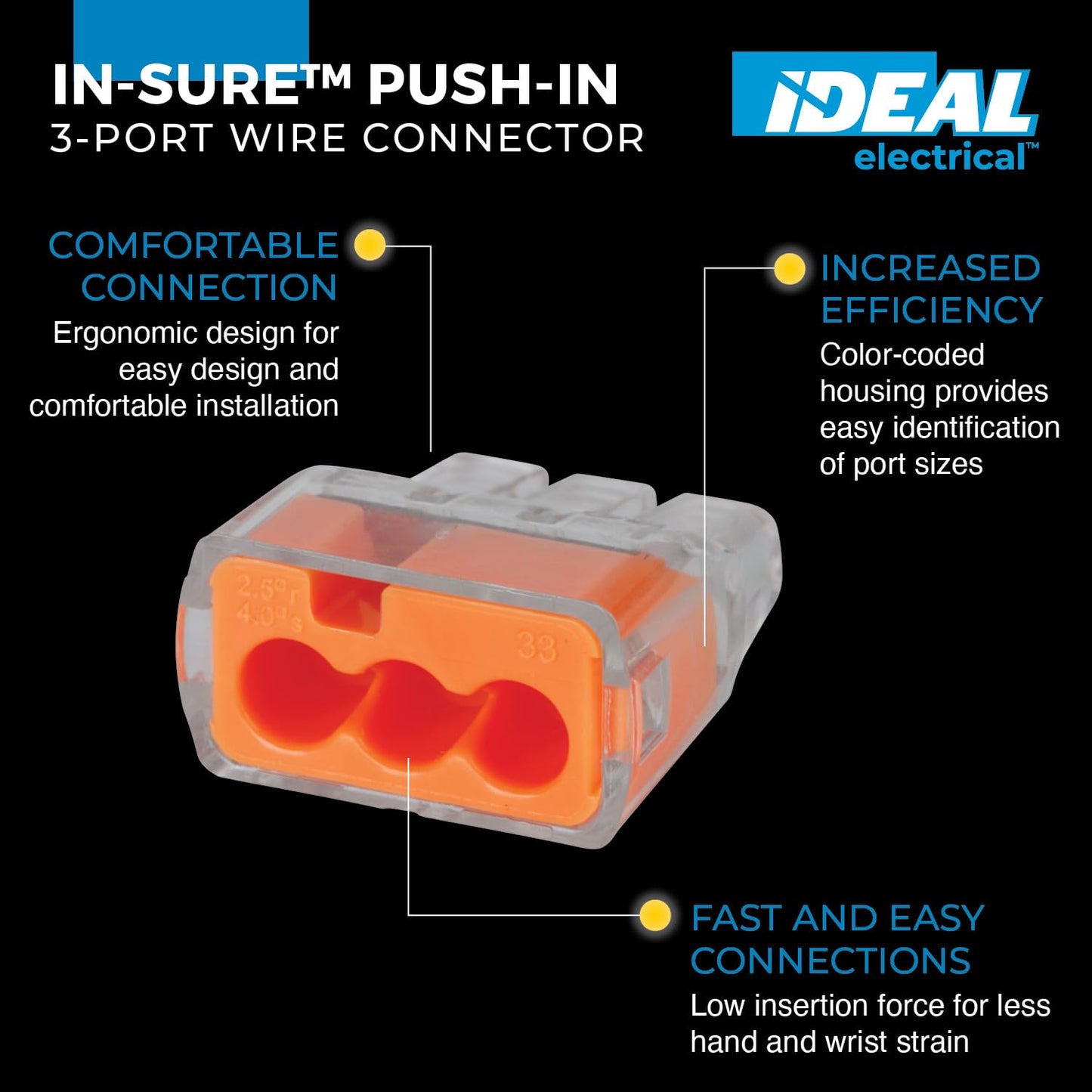 Ideal Electrical in-Sure Push-in Wire Connector, 3-Port (30-1033P), Bag of 100—Color Coded No-Twist Connectors for Solid and Stranded Wires