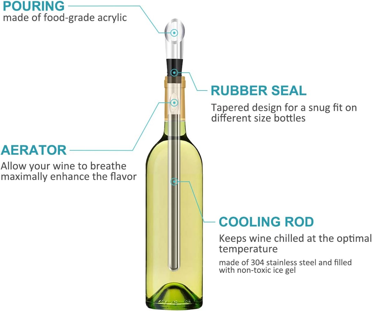Wine Chiller, 3-in-1 Stainless Steel Wine Bottle Cooler Stick - Rapid Iceless Wine Chilling Rod with Aerator and Pourer - The Best Wine Accessories Gift