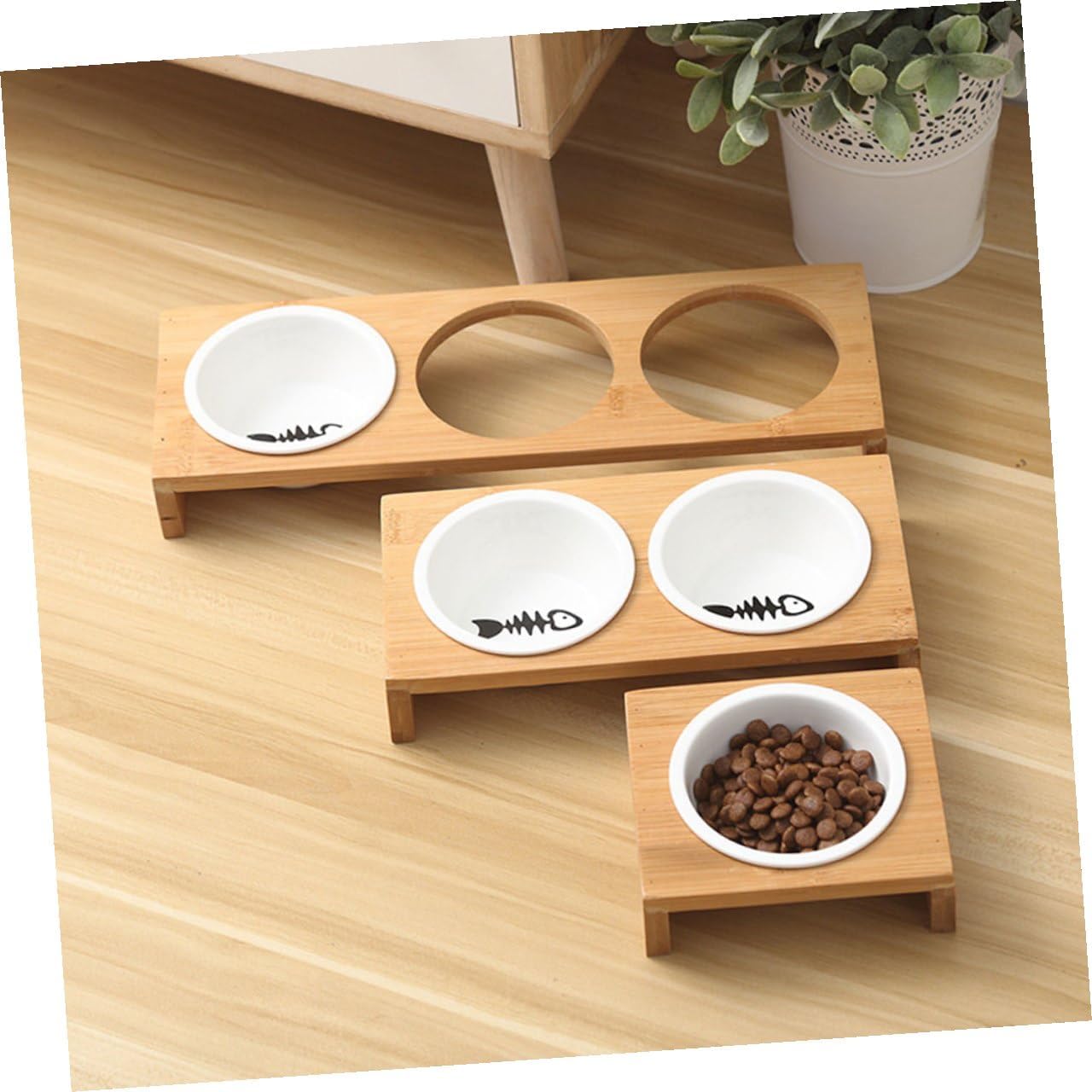 PRETYZOOM Ceramic Cat Dog Food Bowl Set with Raised Stand, 3-Compartment Pet Feeding Dish for Indoor Use, Portable Water and Food Container for Cats and Puppies