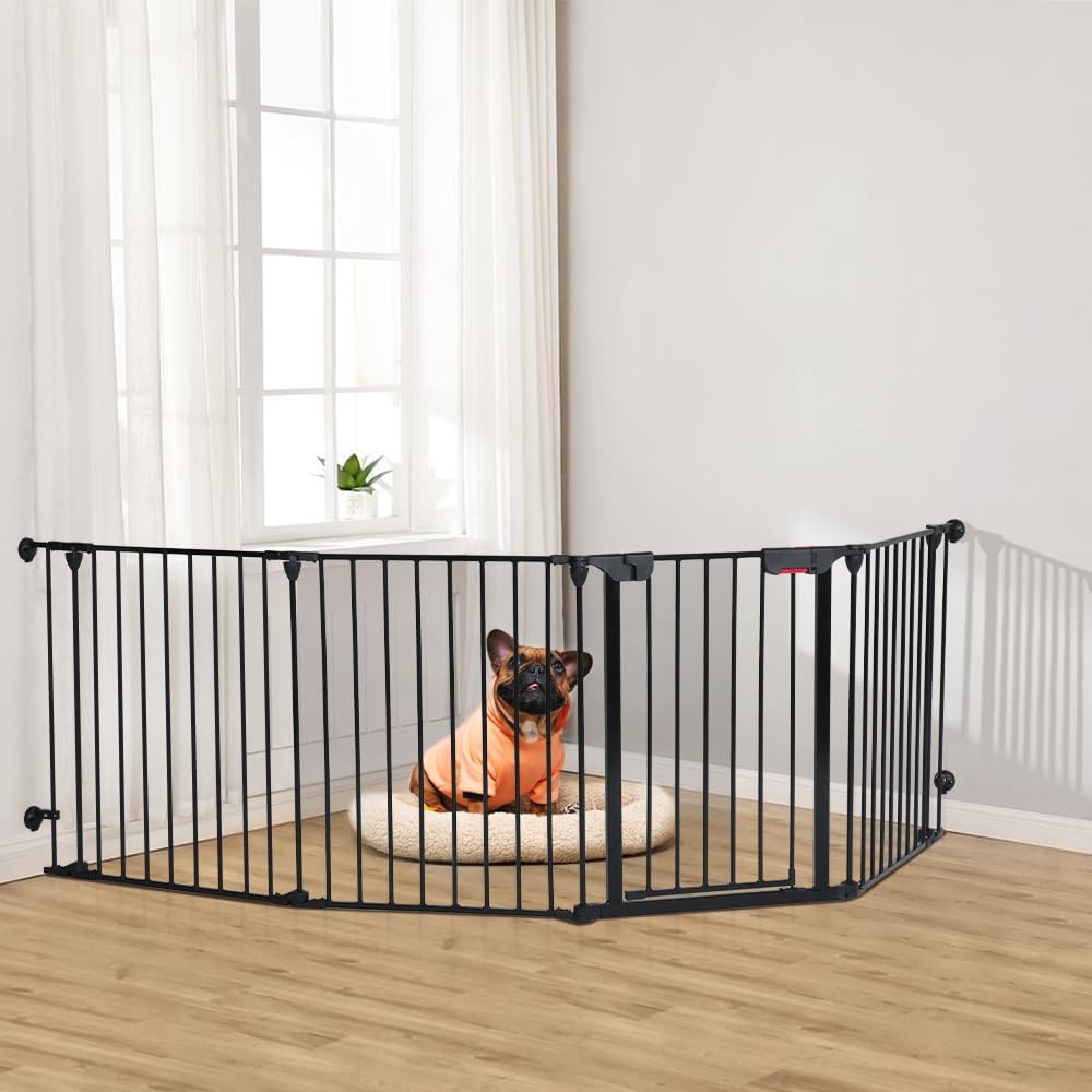 Freestanding Dog Gates with Door Walk Through, Extra Wide Doggy Door 100" W x 29" H Pet Gate Safty 4 Panels Dog Fence for Stairs, Doorways