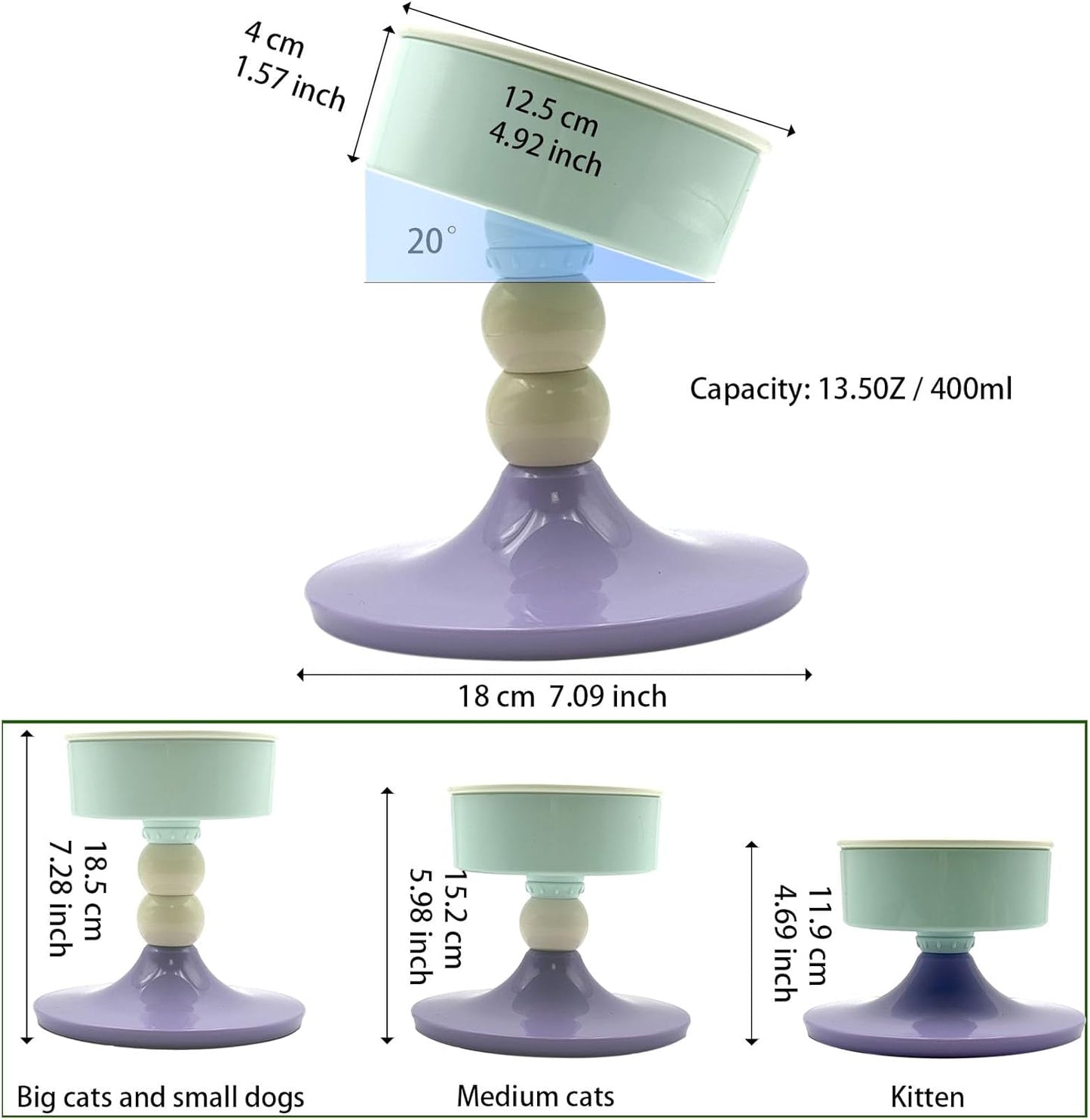 Elevated Cat Bowls, Slanted Ceramic Cat Bowl for Indoor Cats Adjustable Height Kitten Food Bowl Non-Slip Neck Protection Adjusts to 4.69", 5.98", 7.28" (Lavender Mint, S)
