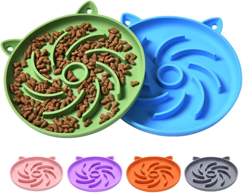 2Pcs Silicone Slow Feeder Cat Bowl,Puzzle Feeder,Interactive Toys,Slow Feeding cat Bowl Suitable for All Dry and Wet Foods,Easy to Clean Silicone Bowls (Green and Blue)