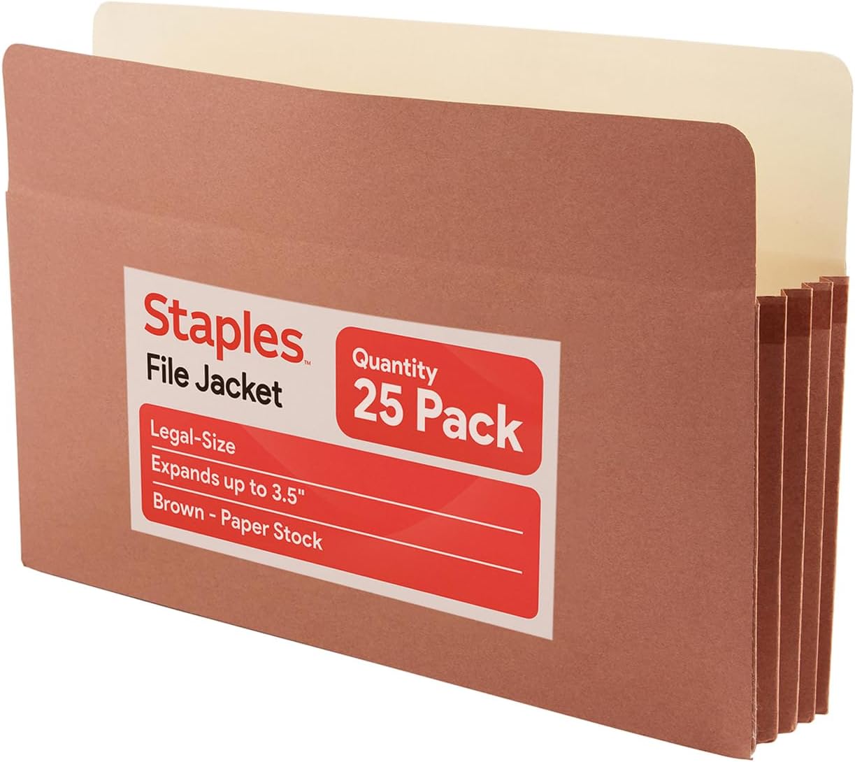 Staples Reinforced Expanding File Pockets, Legal Size, 3.5‑Inch Expansion, Heavy‑Duty Brown Accordion Folders – 25/Pack