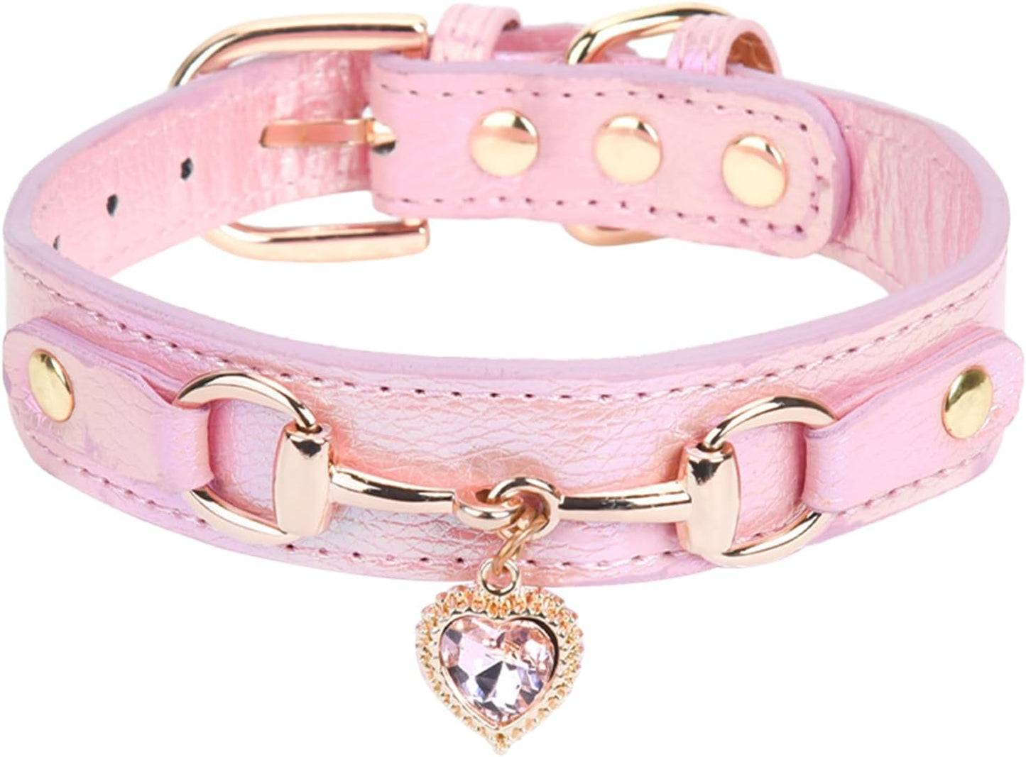 Bling Heart Charm Dog Collar: Pink Adjustable Leather Rhinestones Necklace Collar Pet Accessories for Sizes S Small Medium Dogs,10.6"-13"